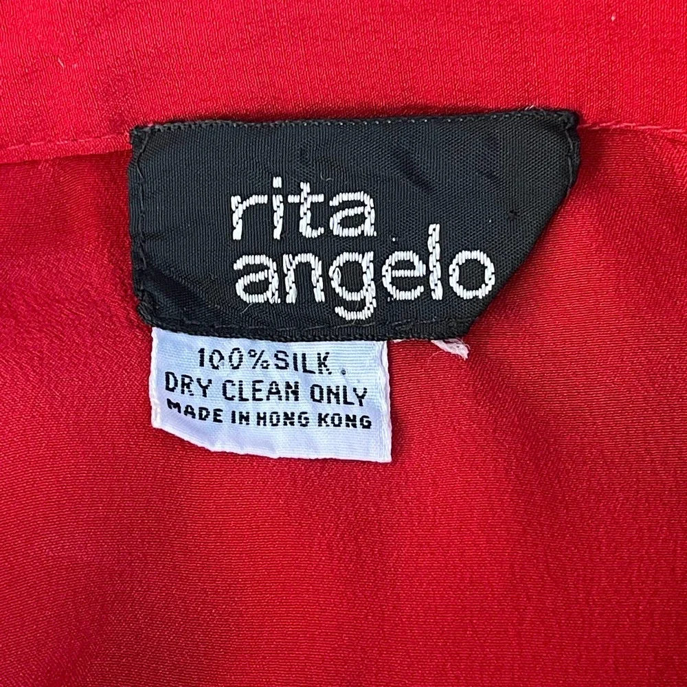 Vintage 70s Red Silk Asian Inspired Dress Floral Long Sleeve Rita Angelo M L - Picture 4 of 13